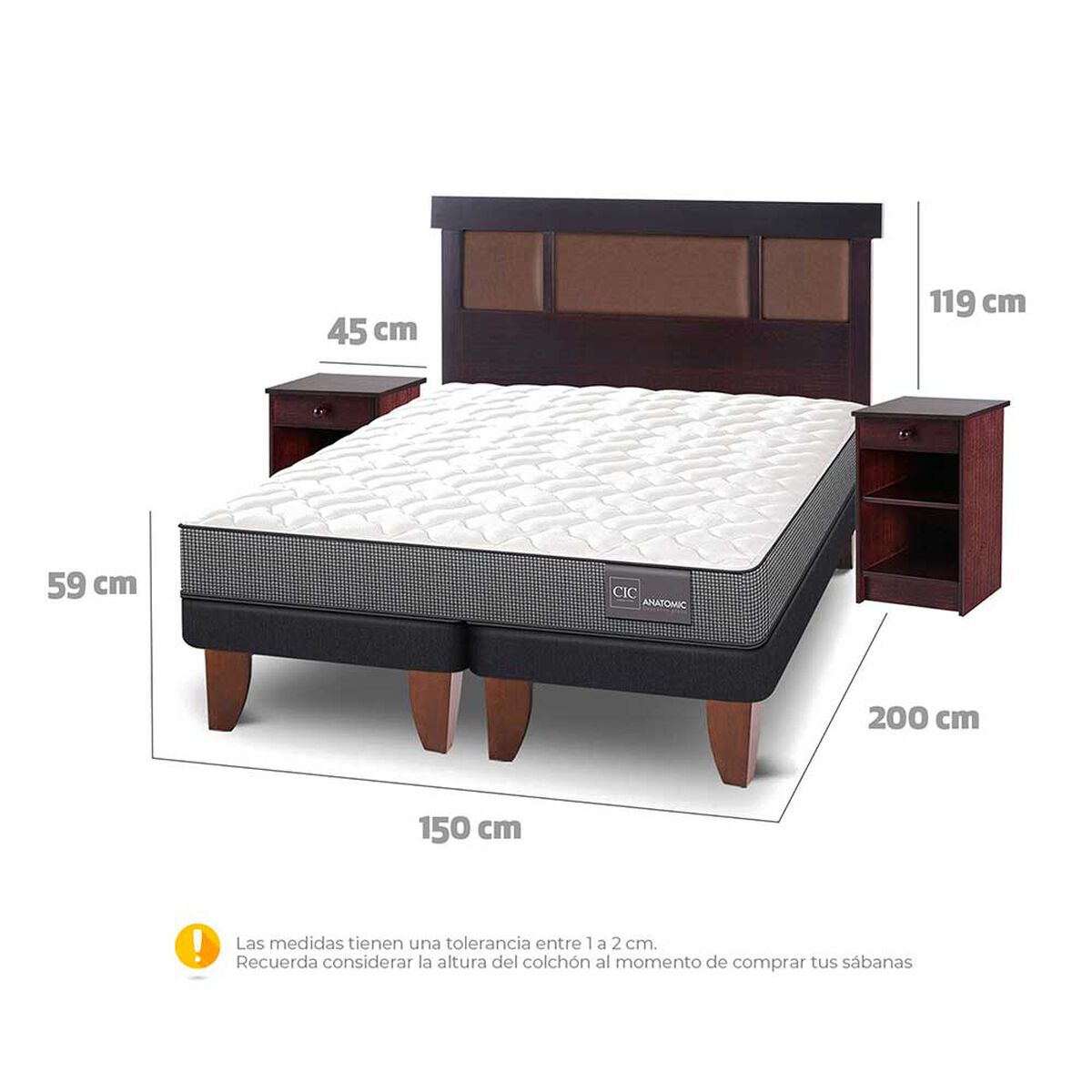 Cama Europea CIC Base Dividida 2 Plazas Anatomic + Respaldo + 2 Veladores New Dublin Chocolate
