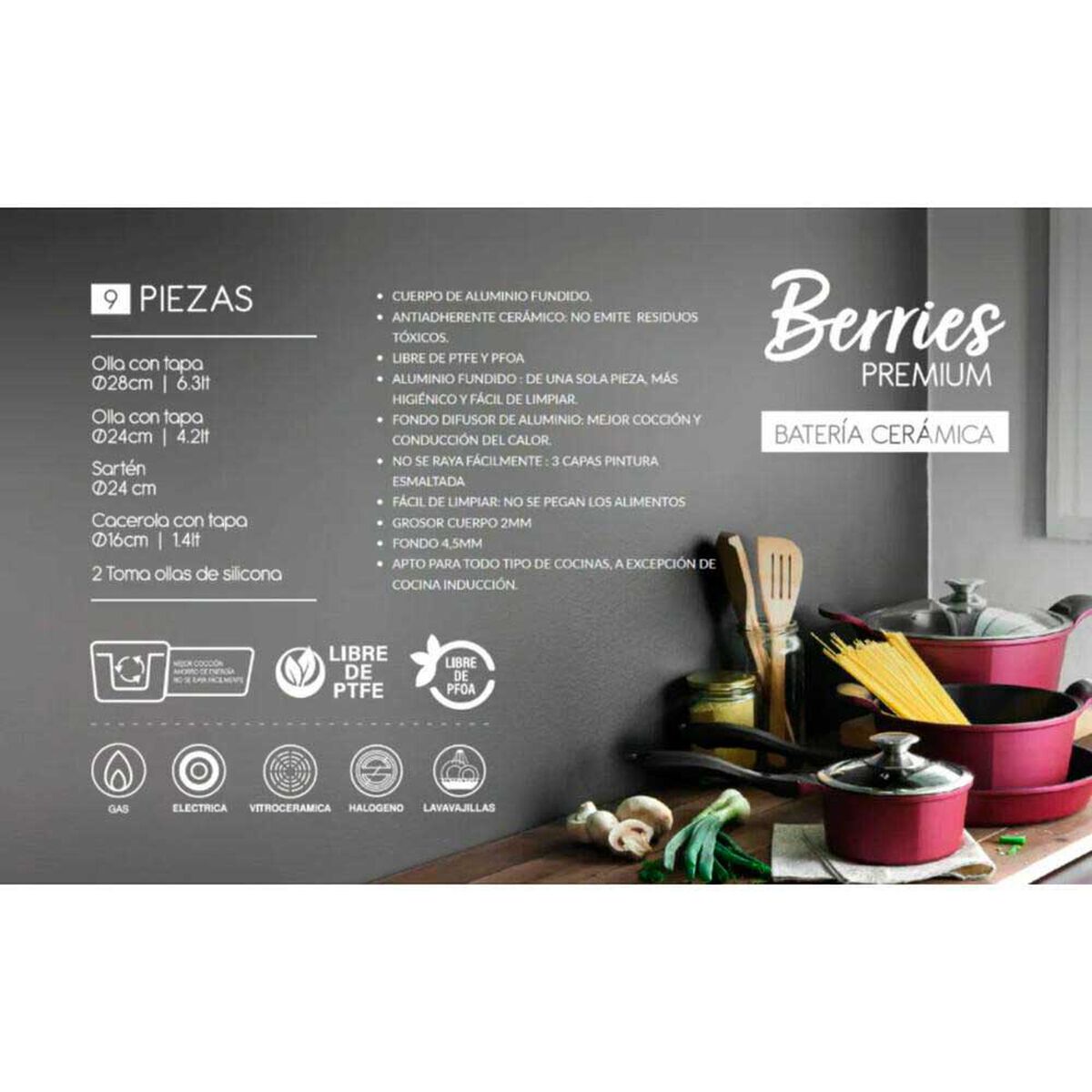 Bateria de Cocina Aluminio Fundido Kitchenware Berries 9 Piezas