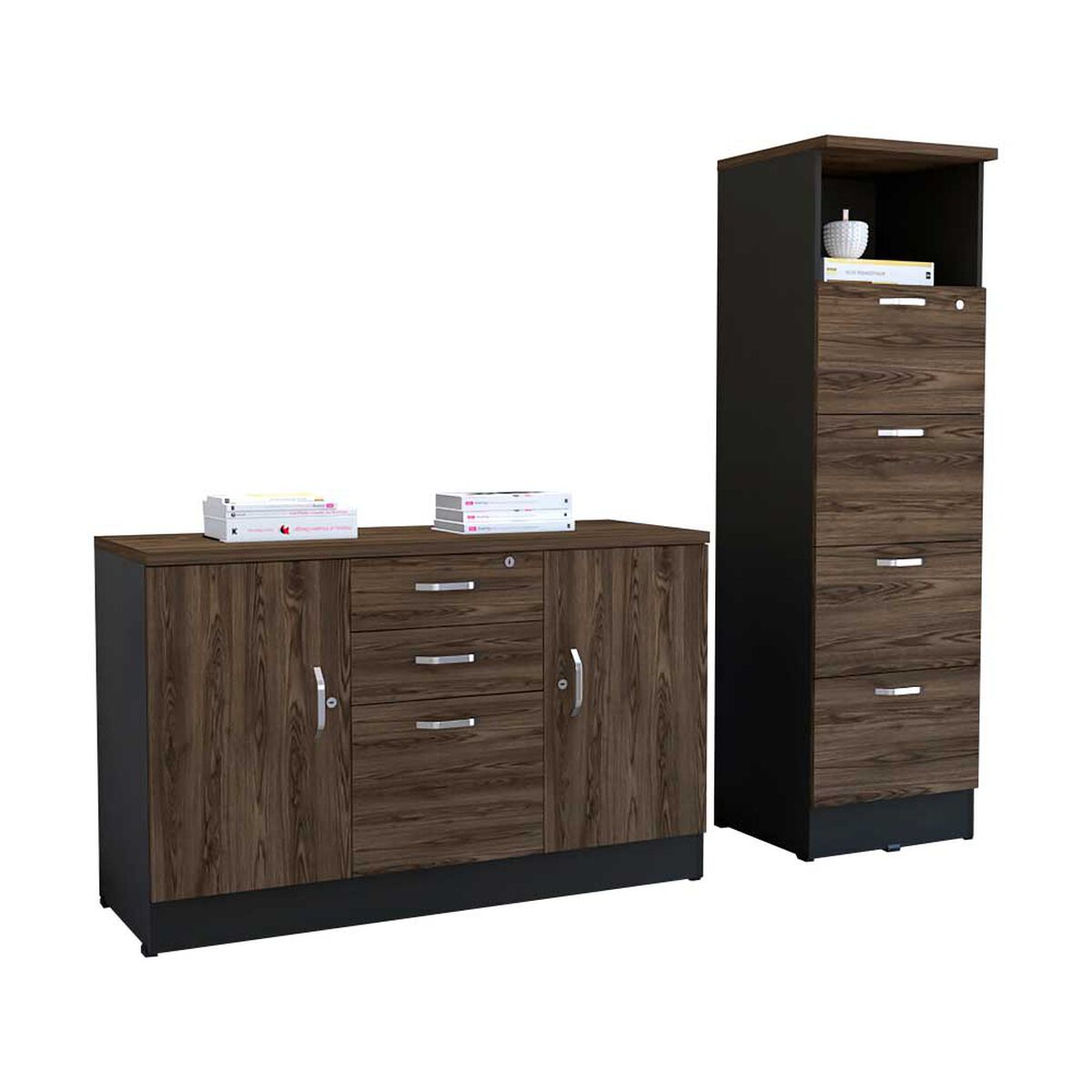 Combo Archivador 4 Cajones + Gabinete 2 Puertas TuHome Home Office Negro Soft-Coñac