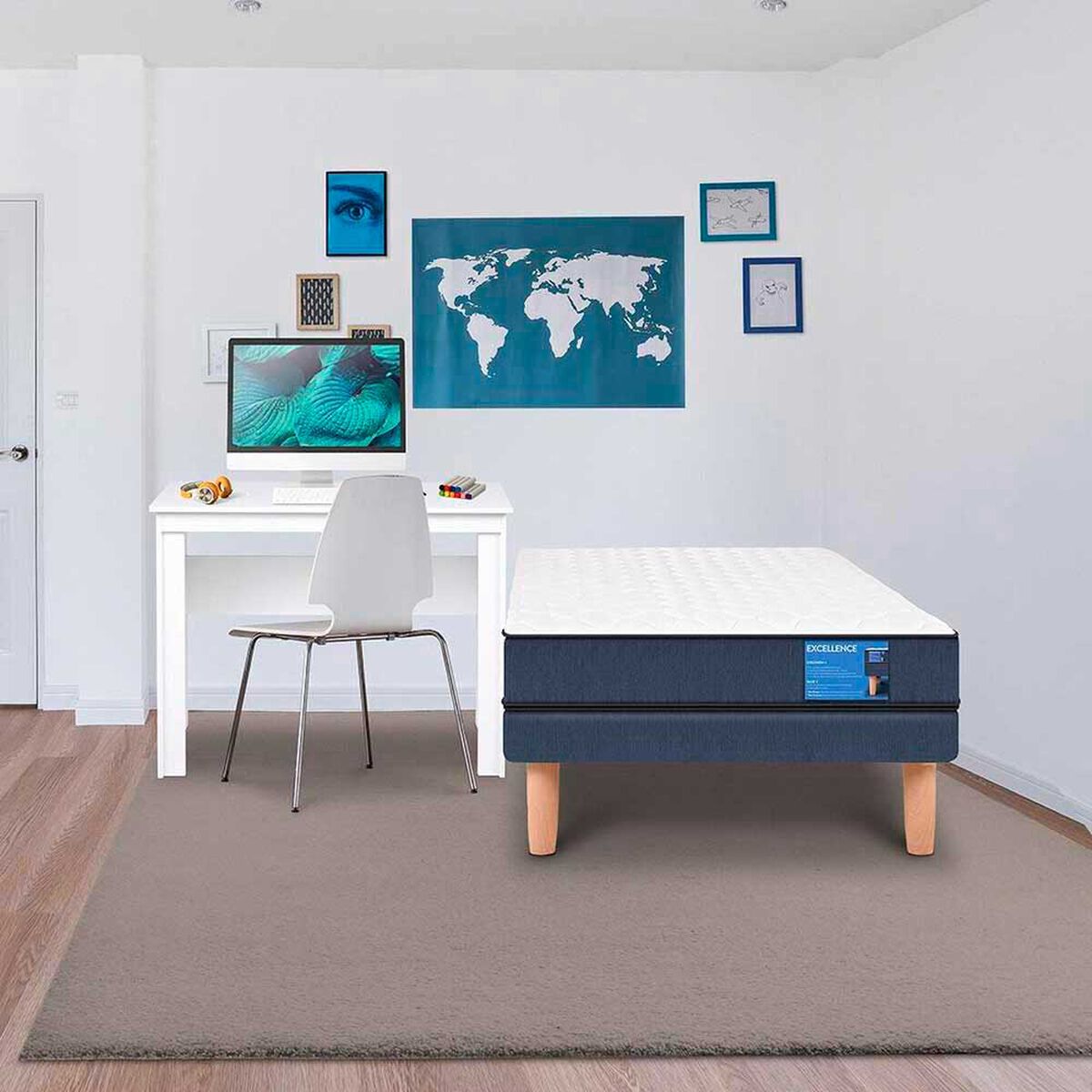 Combo Cama Europea CIC 1 Plaza Excellence + Escritorio Basic Blanco