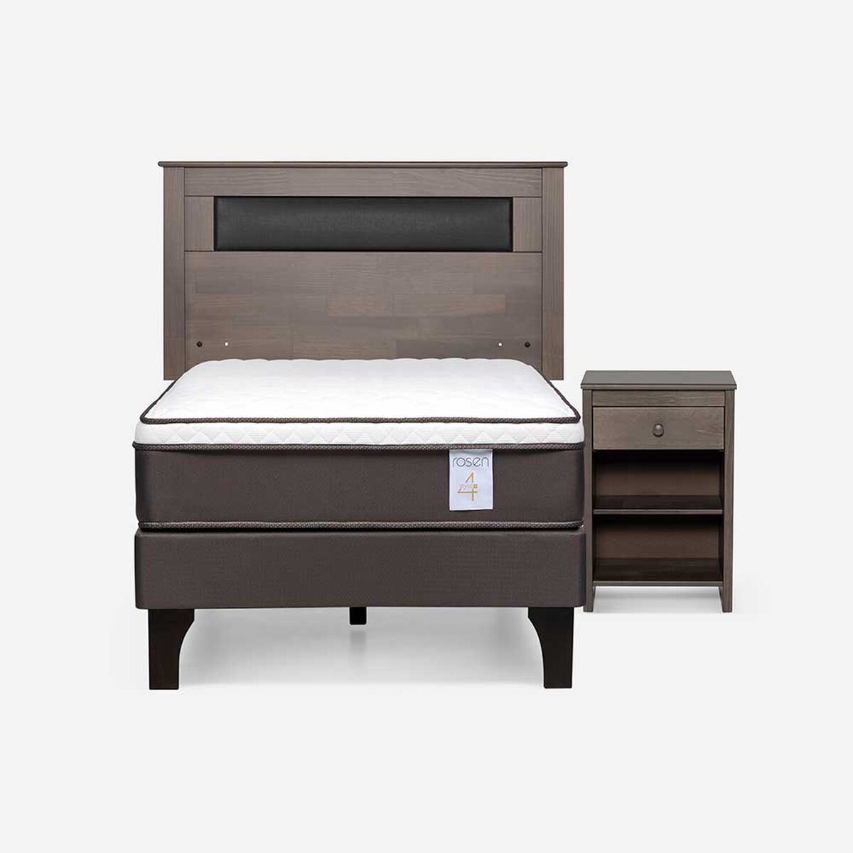 Cama Europea Rosen 1,5 Plazas New Style 4 Plus + Respaldo Ferrera Gris + Velador