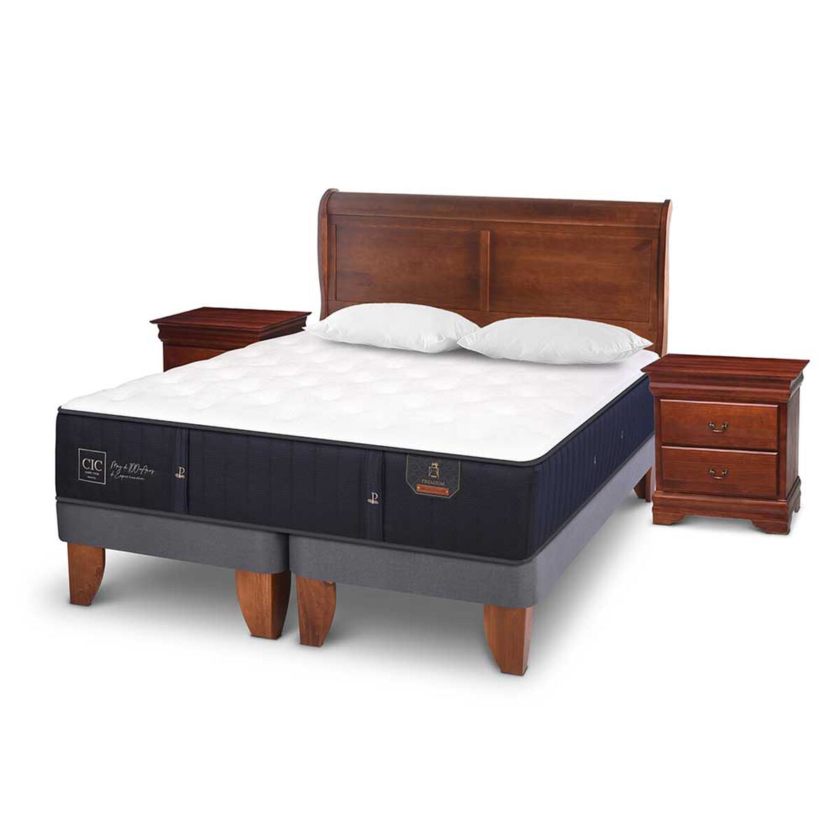 Cama Europea CIC Base Dividida King Premium + Respaldo + Veladores + Almohadas Viscoelástica