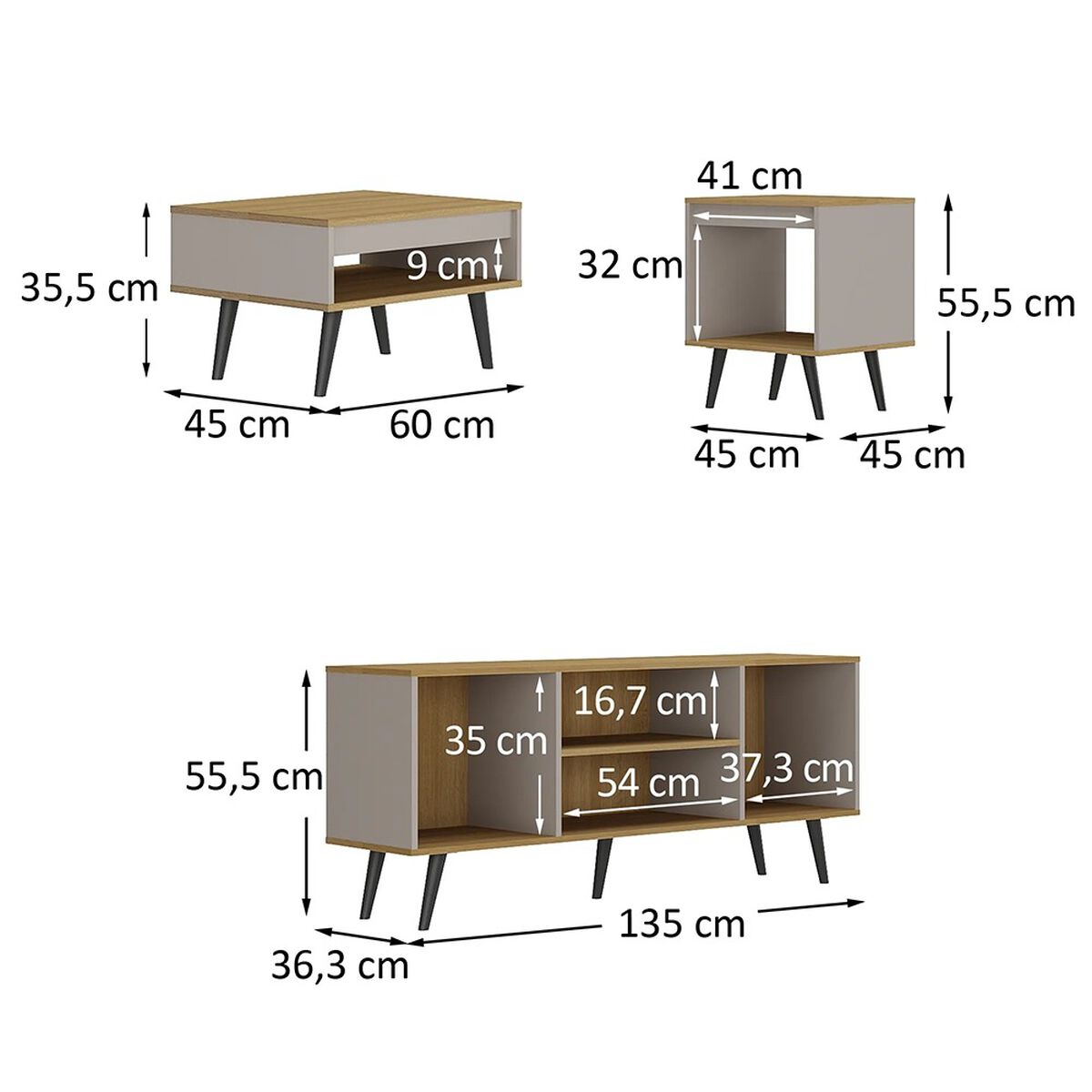 Combo Mons Rack TV + Mesa de Centro + Mesa Lateral Lamina Mel/Arena