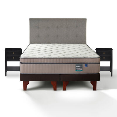 Cama Europea Flex Base Dividida 2 Plazas Maximo Cobre + Respaldo Design Gris + 2 Veladores Rover