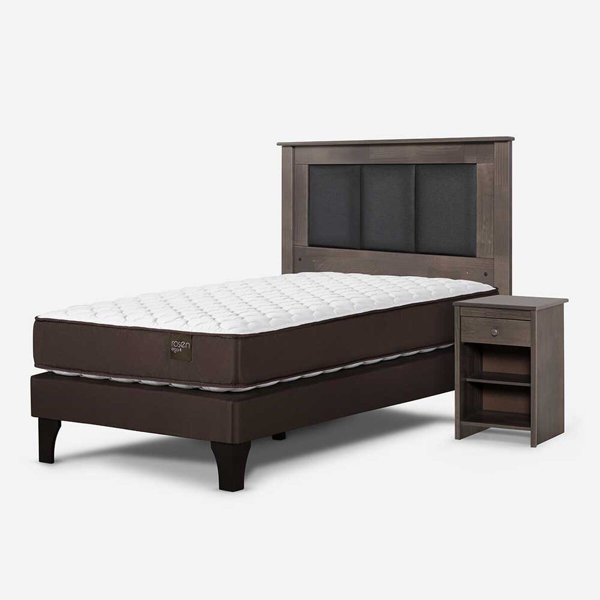 Cama Europea Rosen 1,5 Plazas New Ergo T + Respaldo Rachel Gris + Velador
