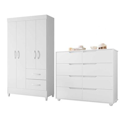 Combo Clóset 4 Puertas 2 Cajones + Cómoda 8 Cajones Vekkahome Mobi Blanco