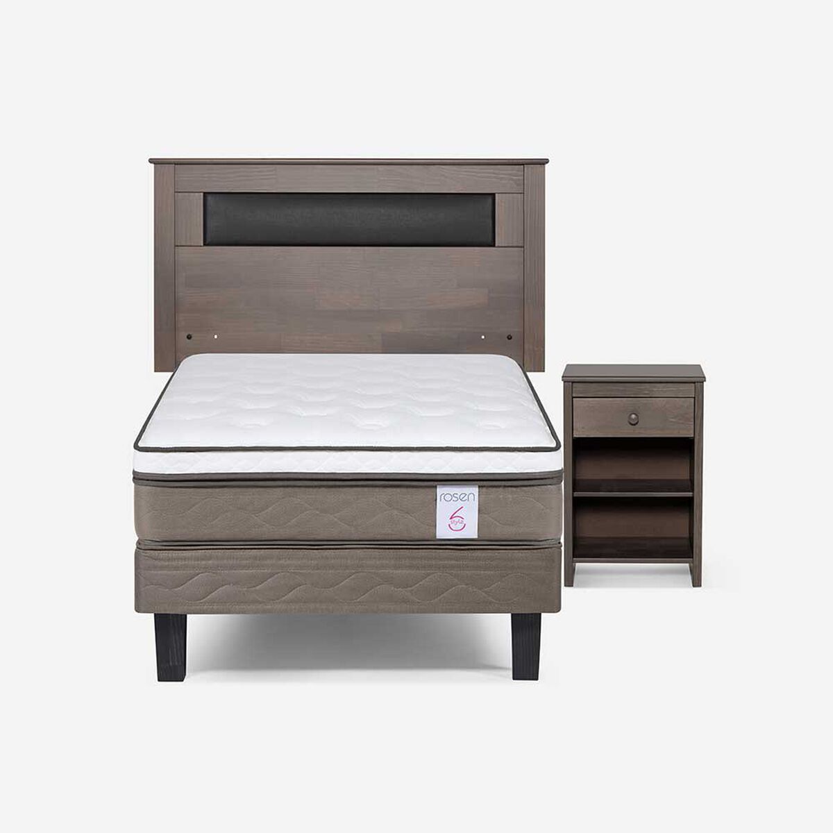 Cama Europea Rosen 1 Plaza New Style 6 + Respaldo Ferrera Gris + Velador