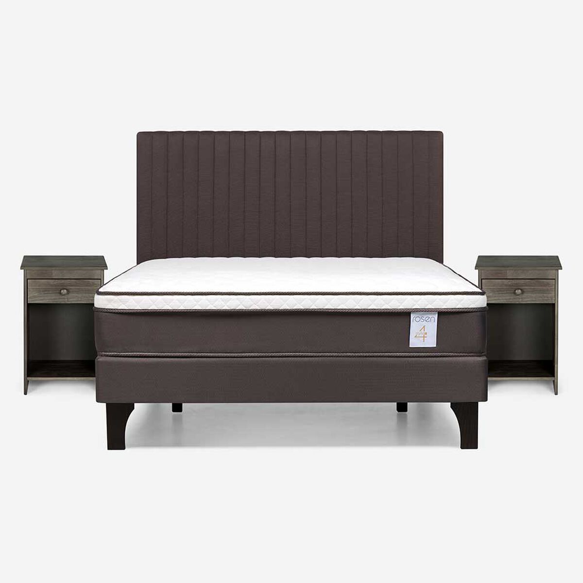 Cama Europea Rosen 2 Plazas New Style 4 + Respaldo + 2 Veladores Caf&eacute;