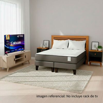 Combo Cama Europea Rosen 2 Plazas + Respaldo + Veladores + Pack Almohadas + Smart TV LED 43" Caixun FHD