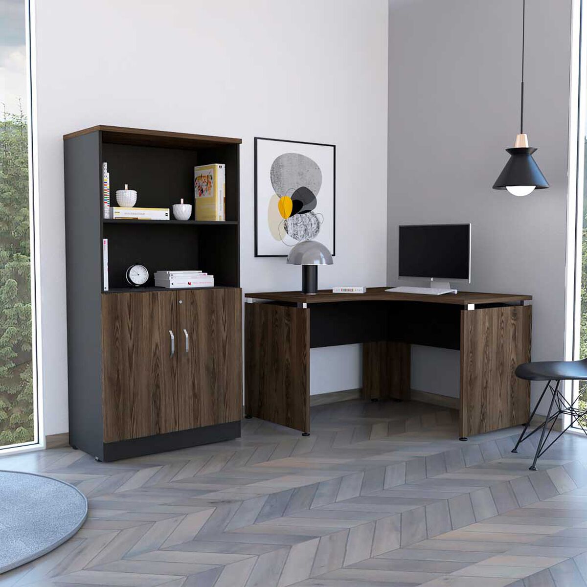 Combo Escritotio + Biblioteca 2 Puertas TuHome Home Office Negro Soft-Coñac