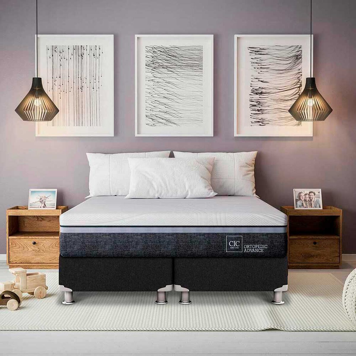 Box Spring CIC 1,5 Plazas Ortopedic Advance + Respaldo + Velador Olmo