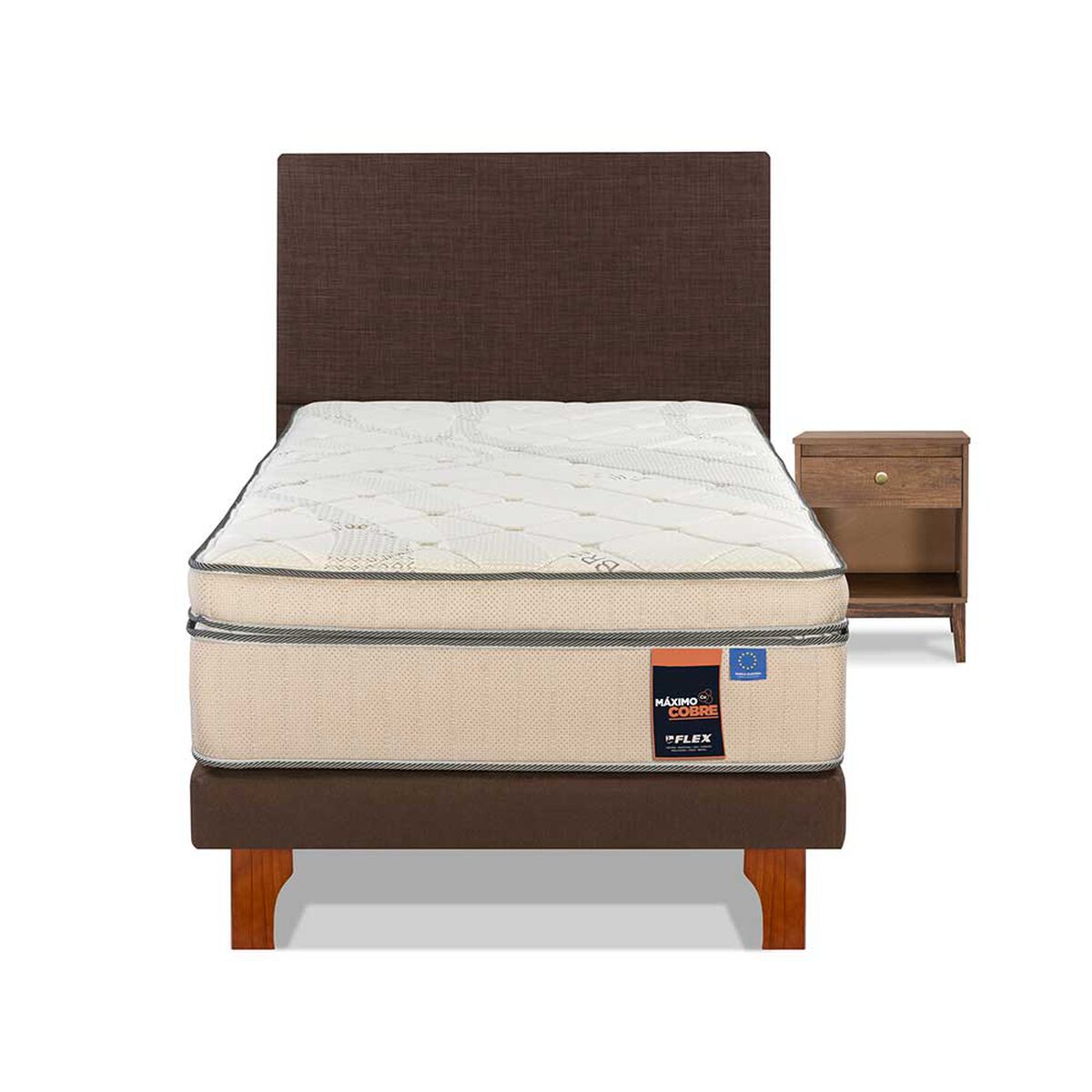 Cama Europea Flex 1,5 Plazas Máximo Cobre  + Respaldo Tapizado Chocolate + Velador Atenas