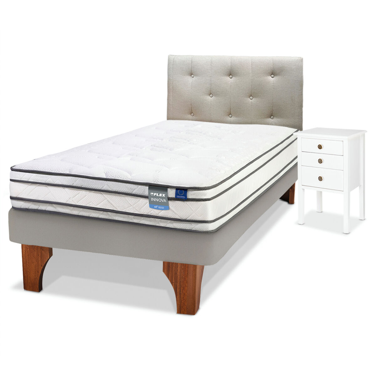 Cama Europea Arena Innova 1.5 Plazas + Respaldo Almendra + Velador Roma