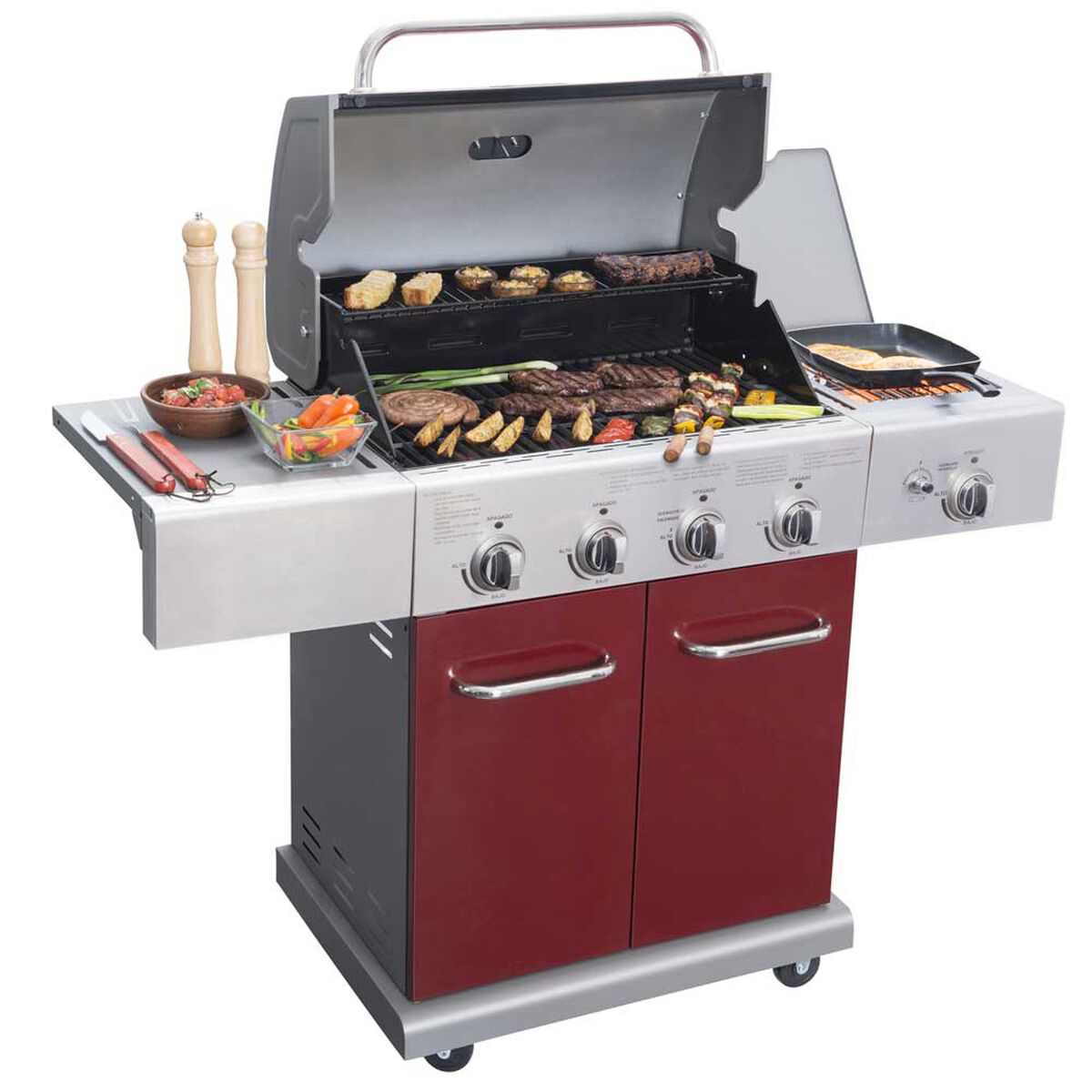 Parrilla a Gas Encendido Electr&oacute;nico BBQ Grill Texas Acero Inoxidable 4 Quemadores Centrales + 1 Lateral Roja