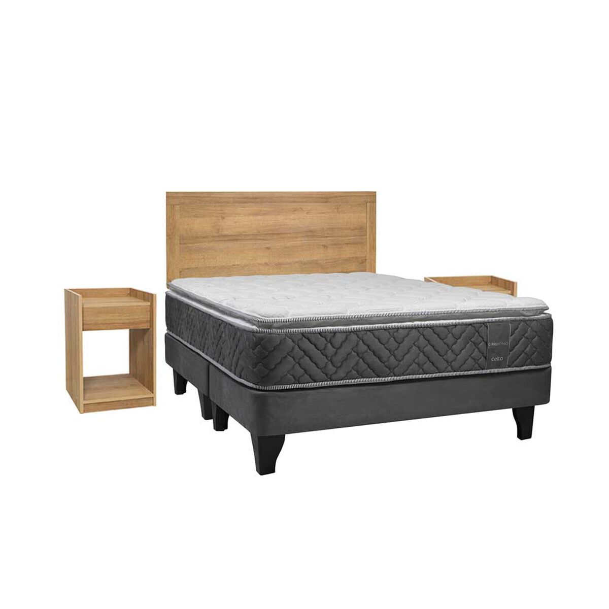 Cama Europea Celta Base Dividida 2 Plazas Carbono +  Respaldo + 2 Veladores Aura Honey