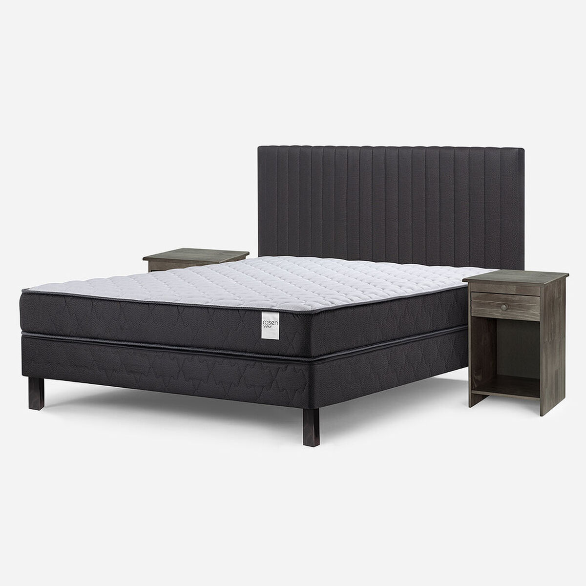 Cama Europea Rosen 2 Plazas Wave + Respaldo + Velador Lucio Grafito
