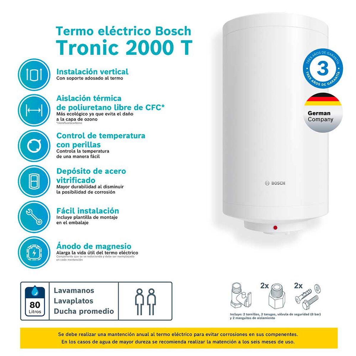 Termo eléctrico Bosch TR2000 80 lts. Blanco