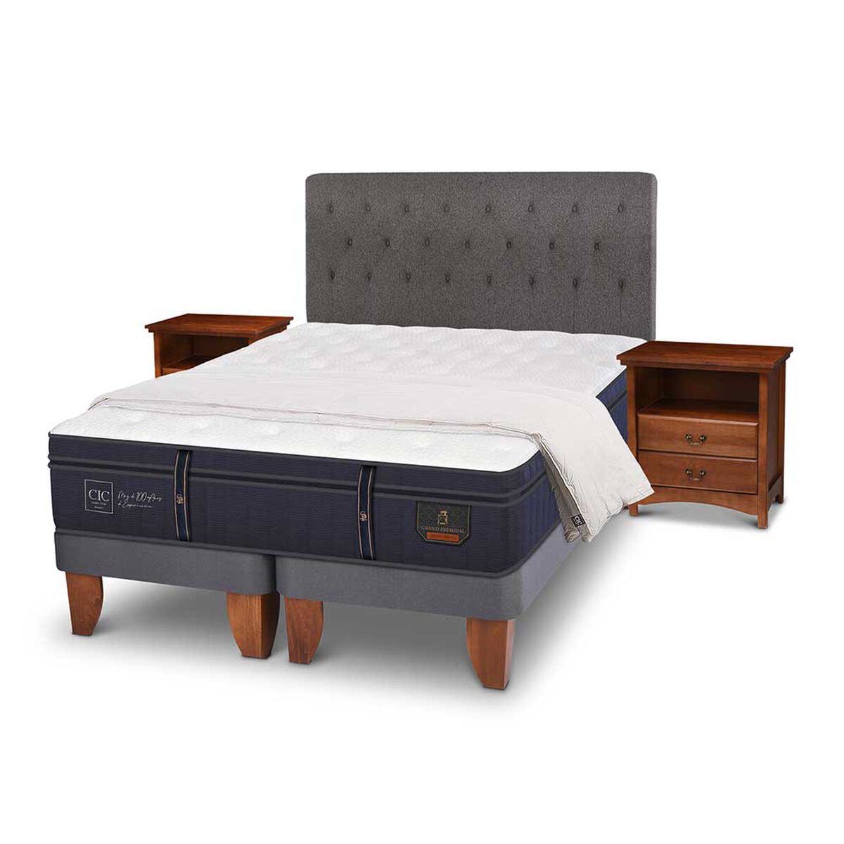 Cama Europea CIC Base Dividida King Grand Premium + Respaldo + Veladores + Plum&oacute;n Ganso
