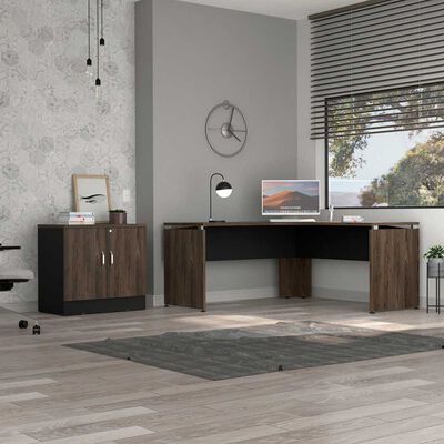 TUHOME Combo Escritorio + Cajonera 2 Puertas TuHome Home Office Negro Soft-Coñac