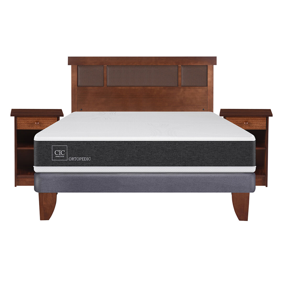 Cama Europea CIC 2 Plazas Ortopedic + Respaldo + 2 Veladores Dublin Caramelo