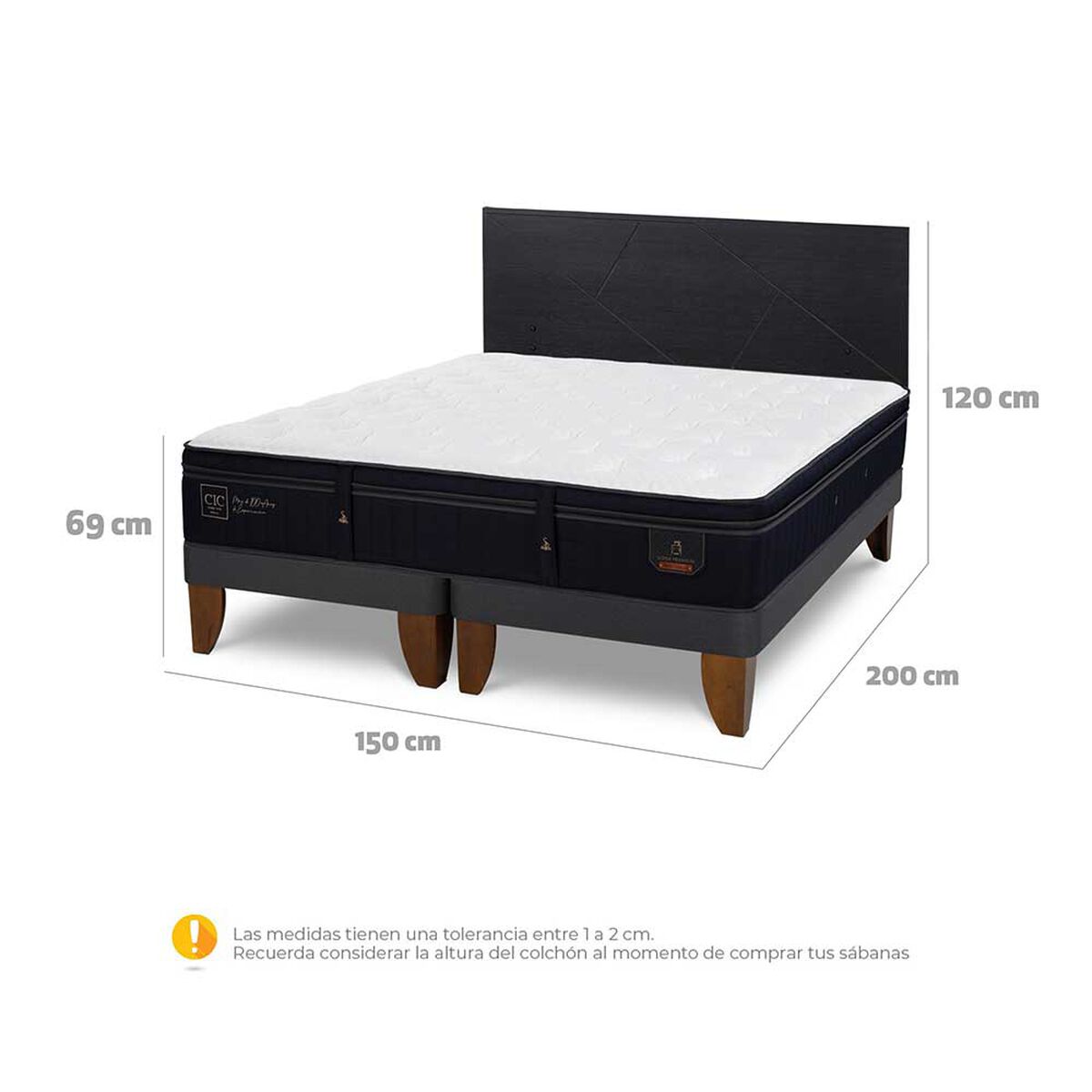 Cama Europea CIC Base Dividida 2 Plazas Súper Premium + Respaldo Villarrica Negro