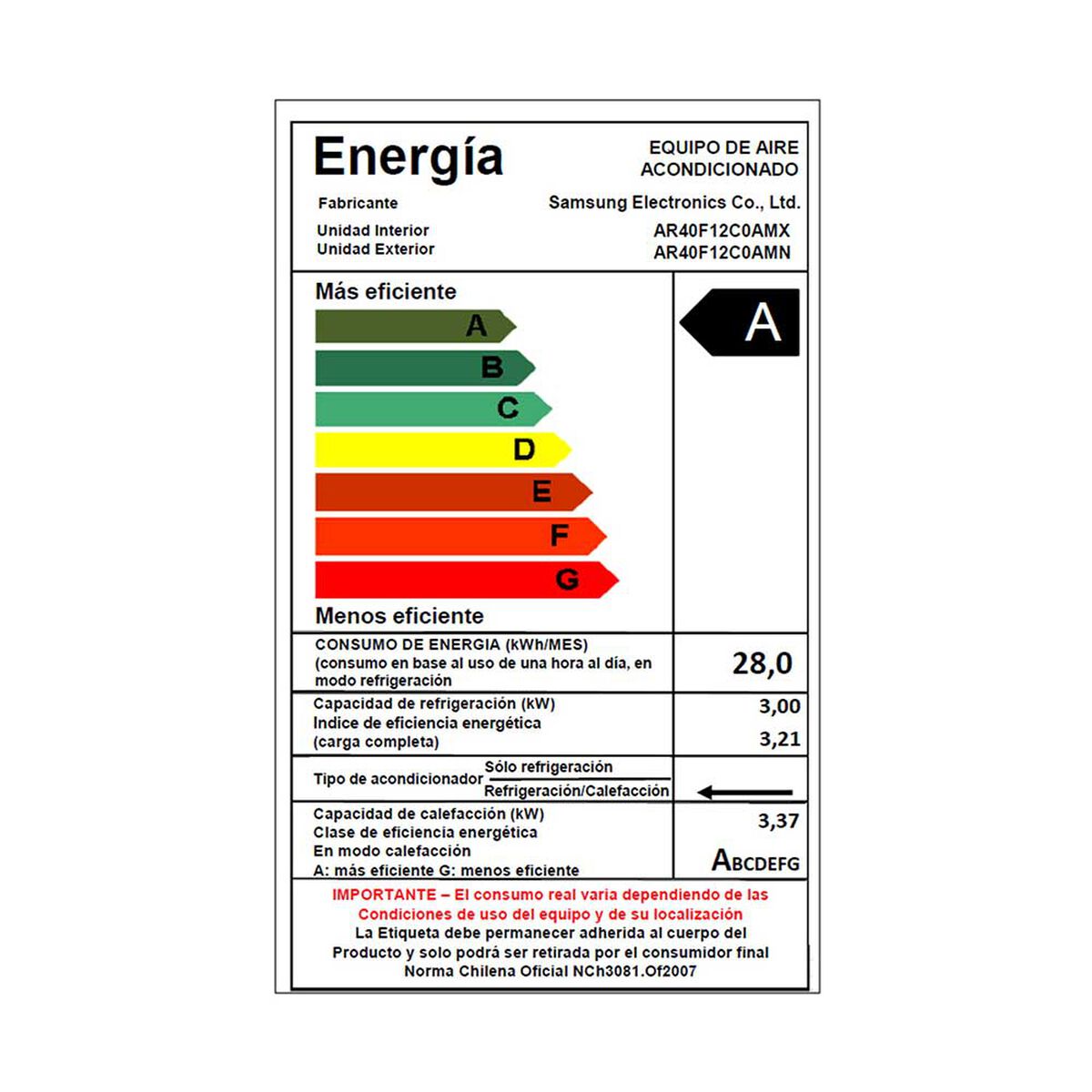 Aire Acondicionado Samsung AR40F12C0AM/ZS 12000 Btu