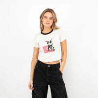 Polera Crop Con Estampado Mujer Icono Gris