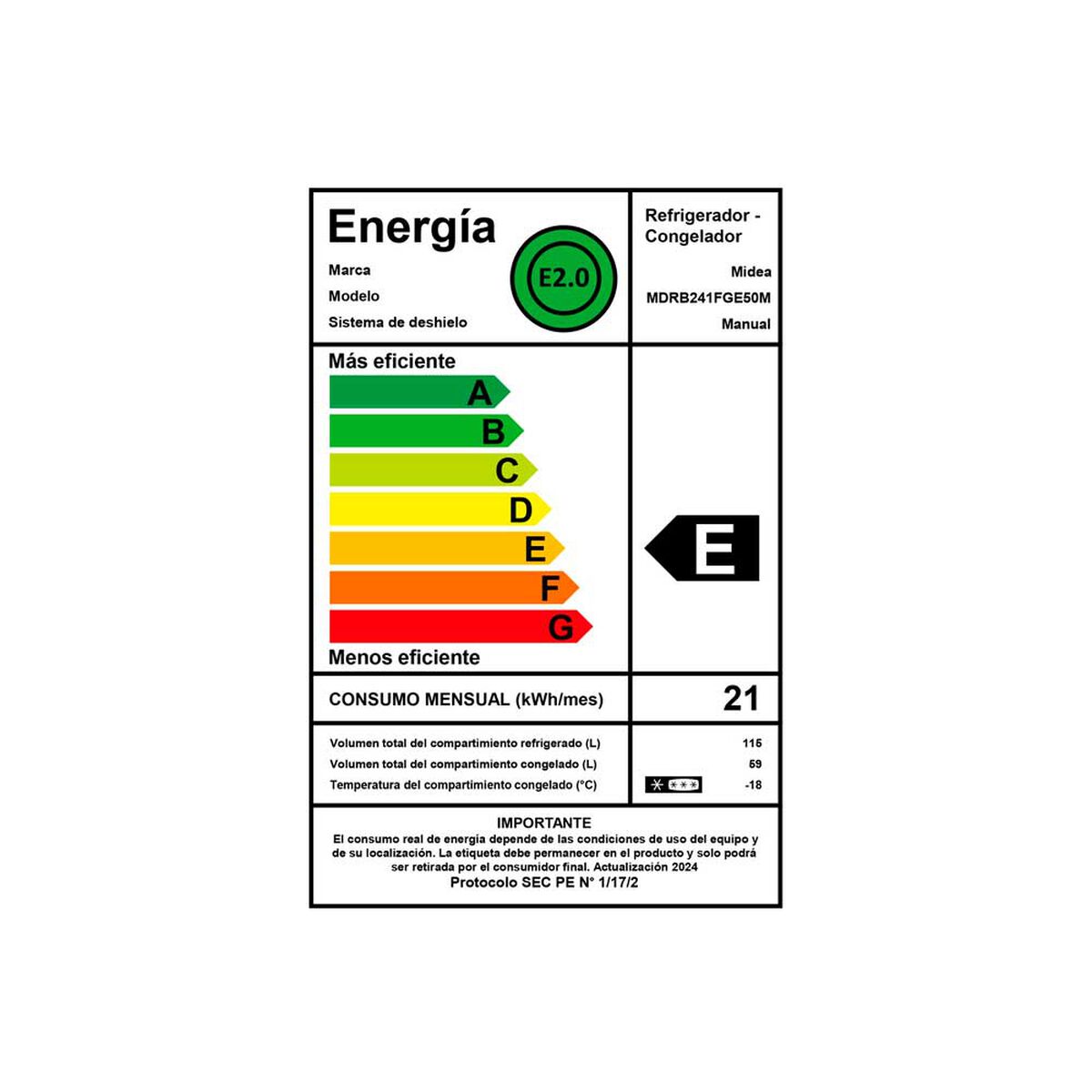 Refrigerador No Frost Midea MDRB241FGE50M 115 lts.