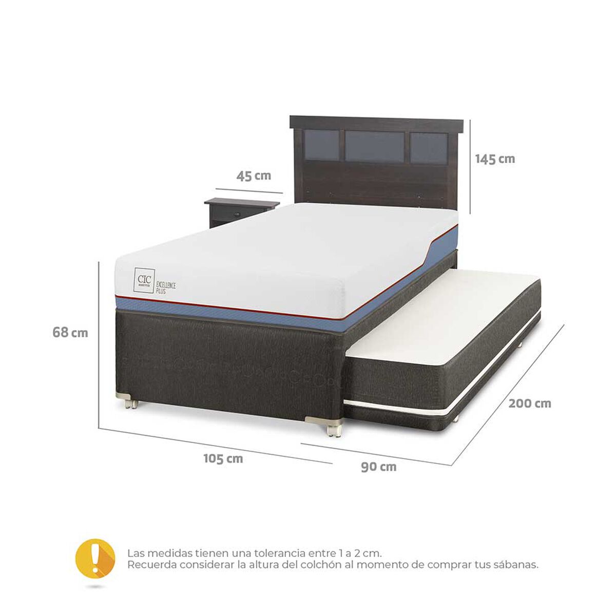 Cama Nido CIC 1,5 Plazas Excellence Plus + Respaldo + Velador Dublin
