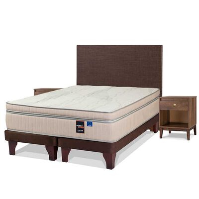 Cama Europea Flex Base Dividida 2 Plazas Máximo Cobre  + Respaldo Tapizado Chocolate + 2 Veladores Asturias