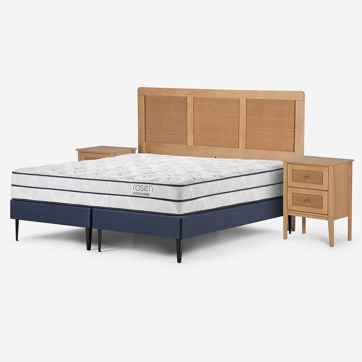 Cama Europea Rosen Base Dividida 2 Plazas Autonomy + Respaldo + 2 Veladores Charles