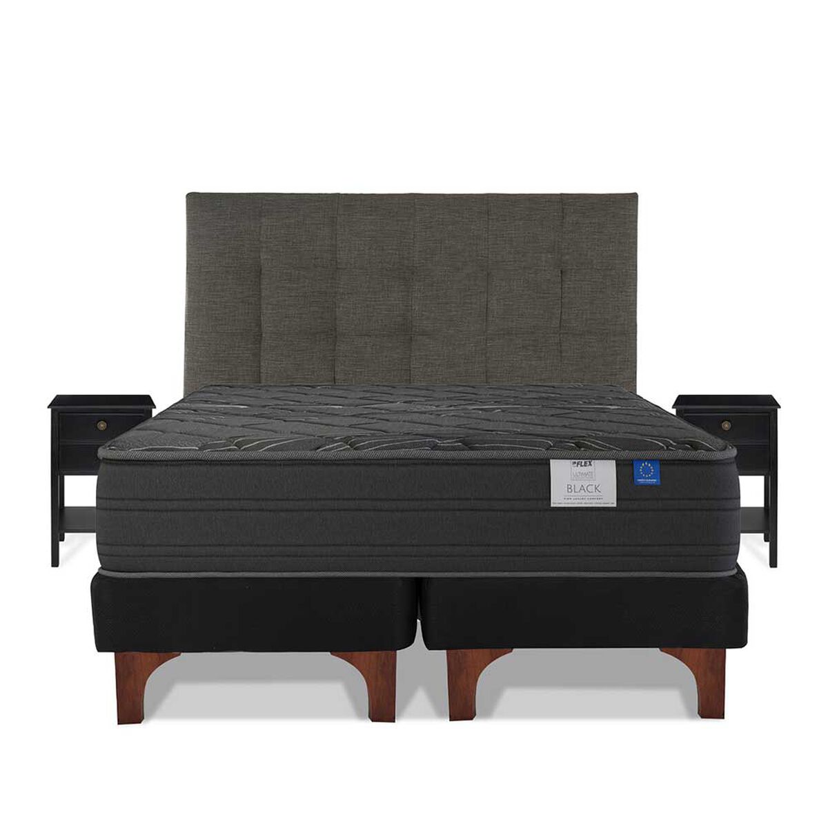 Cama Europea Flex Base Dividida King Black + Respaldo Design Grafito + 2 Veladores Rover