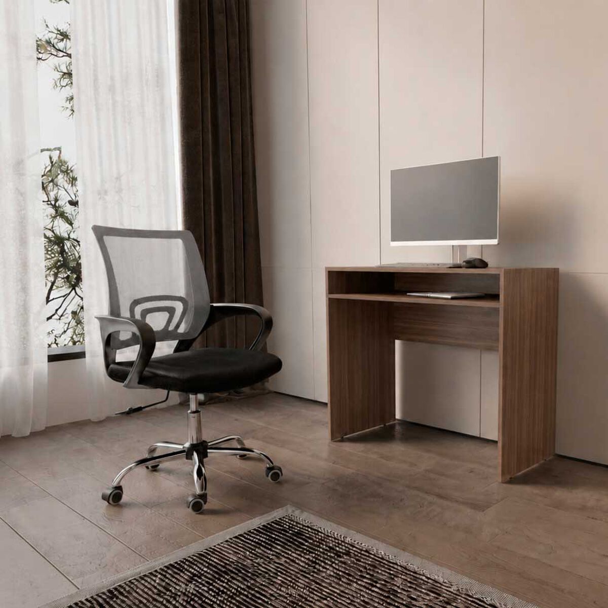Combo Oficina Escritorio Avellana + Silla New York Negra y Gris Arthome