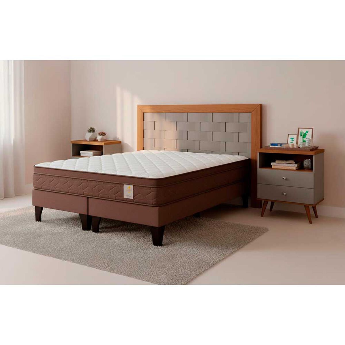 Combo Cama Europea Rosen Base Dividida 2 Plazas New Style 4 Plus + Respaldo + 2 Veladores Dreams 2 Plazas Treliza Gris