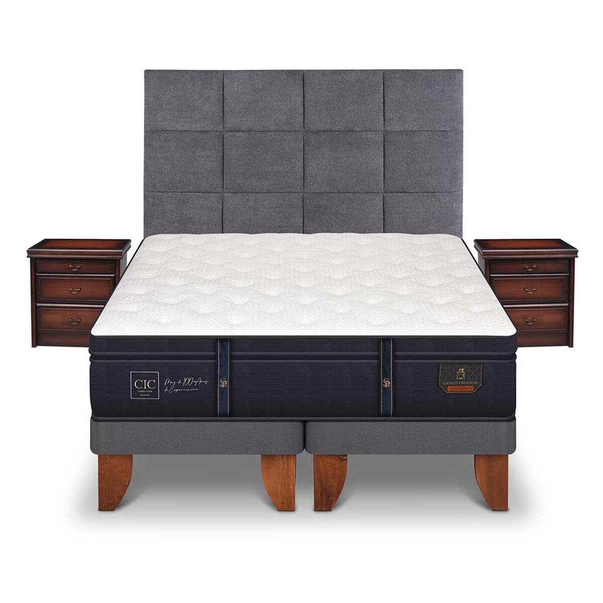Cama Europea CIC Base Dividida S&uacute;per King Gran Premium + Respaldo + 2 Veladores Tamesis
