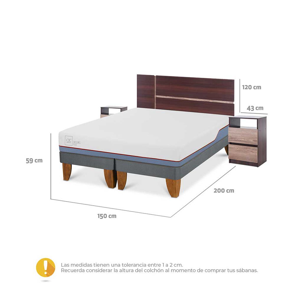 Cama Europea CIC Base Dividida 2 Plazas Excellence Plus + Respaldo + 2 Veladores