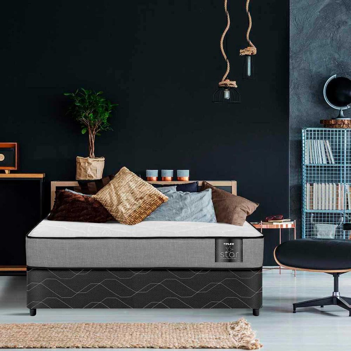 Cama Americana Flex Base Dividida 2 Plazas Star + Respaldo + 2 Veladores Asturias