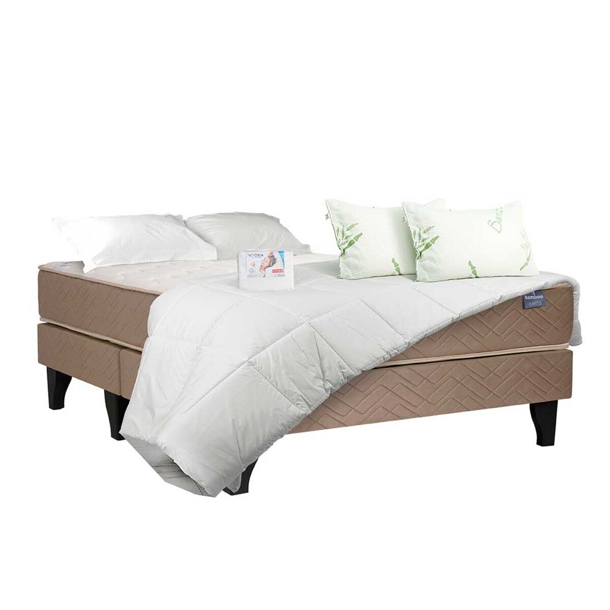 Cama Europea Celta Base Dividida 2 Plazas Bamboo + Plumón + Sábanas + 2 Almohadas