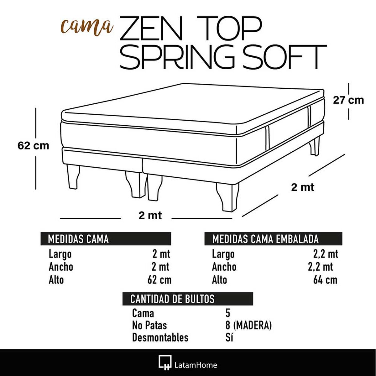 Cama Europea Latam Home Base Dividida Súper King Zen Top Spring Soft Velvet Verde