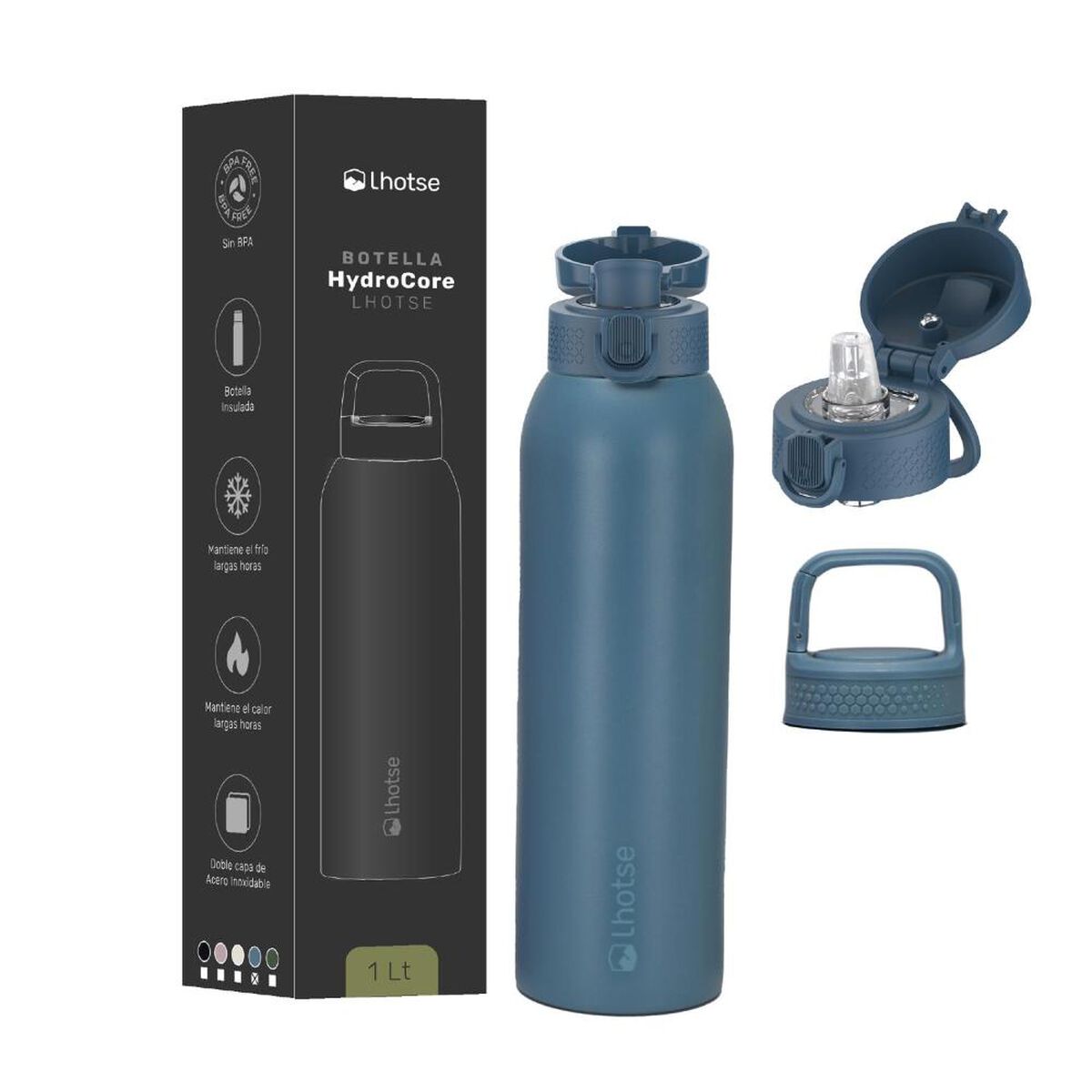 Botella T&eacute;rmica Agua Lhotse Acero Inox 3 Tapas HydroCore 1Lt Azul Oscuro