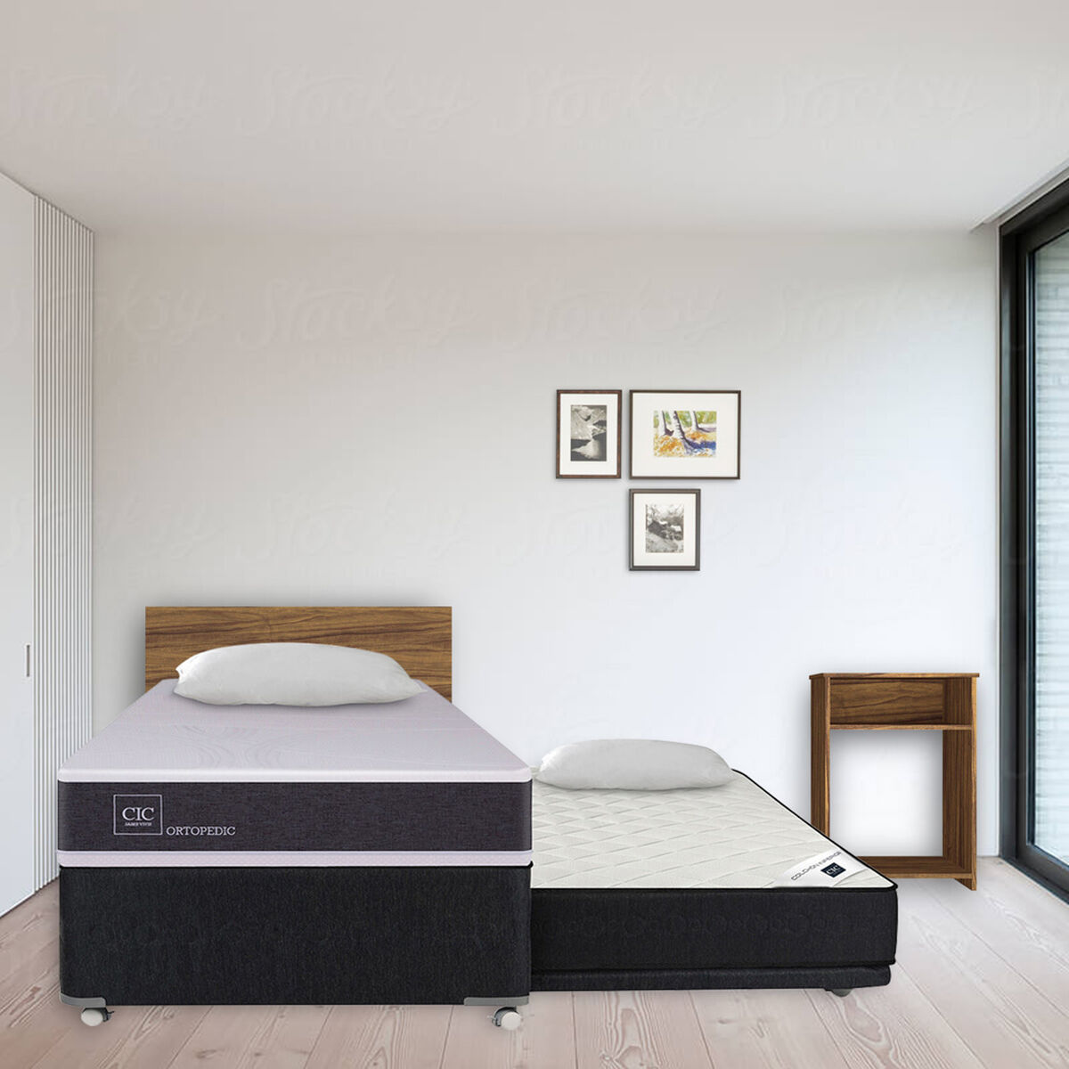 Combo Diván CIC 1,5 Plaza Ortopedic Black + Almohada + Set Maderas Nogal
