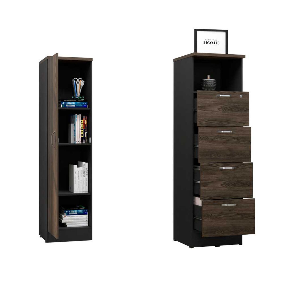 Combo Archivador 4 Cajones + Biblioteca 1 Puerta TuHome Home Office Negro Soft-Co&ntilde;ac