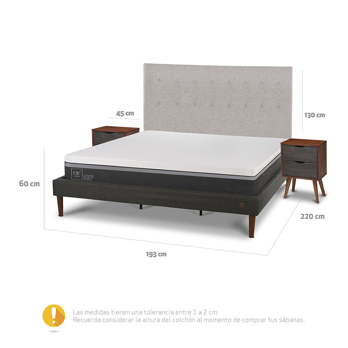Cama Europea CIC King Ortopedic Advance + Respaldo Tigris + 2 Veladores