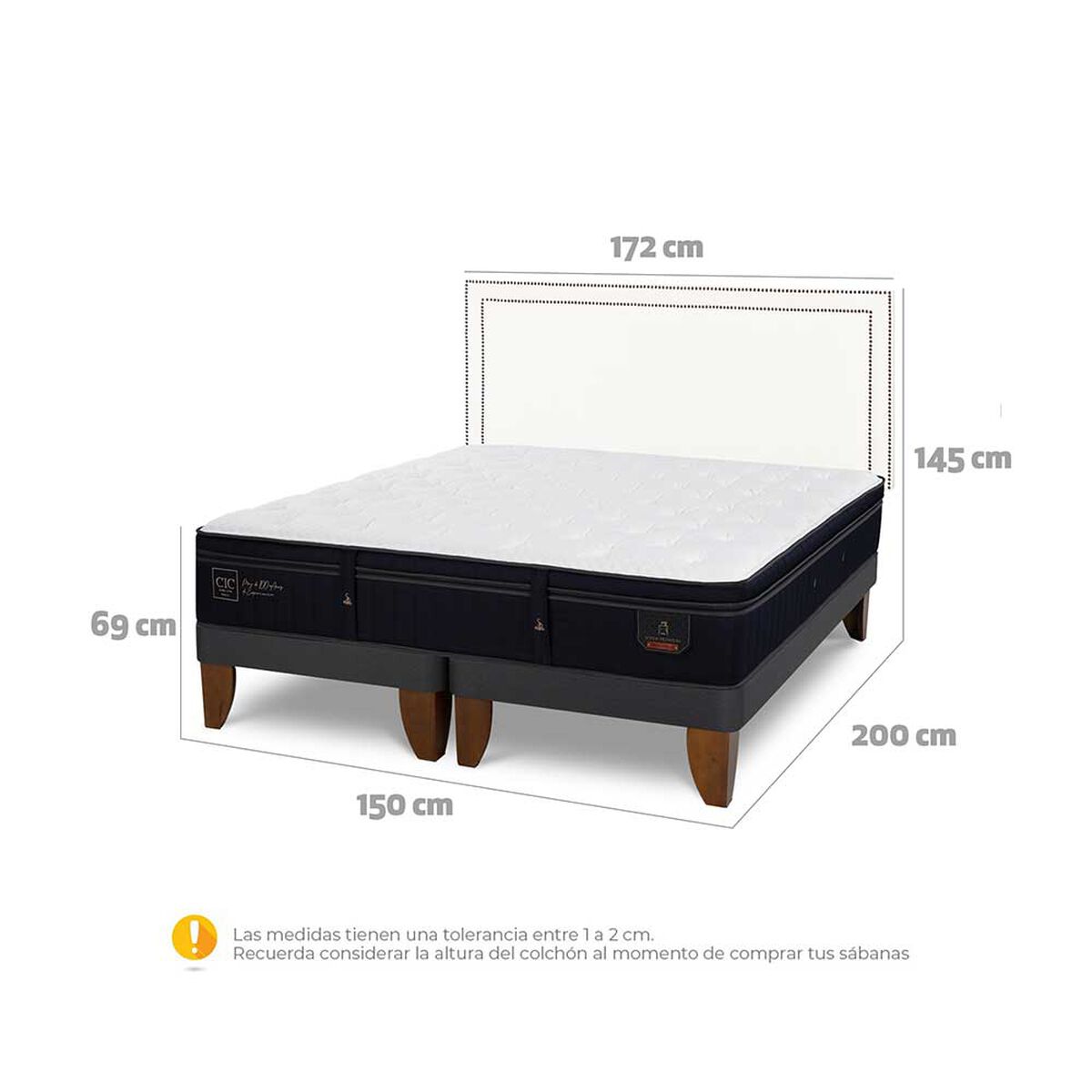 Cama Europea CIC Base Dividida 2 Plazas Súper Permium + Respaldo Danubio