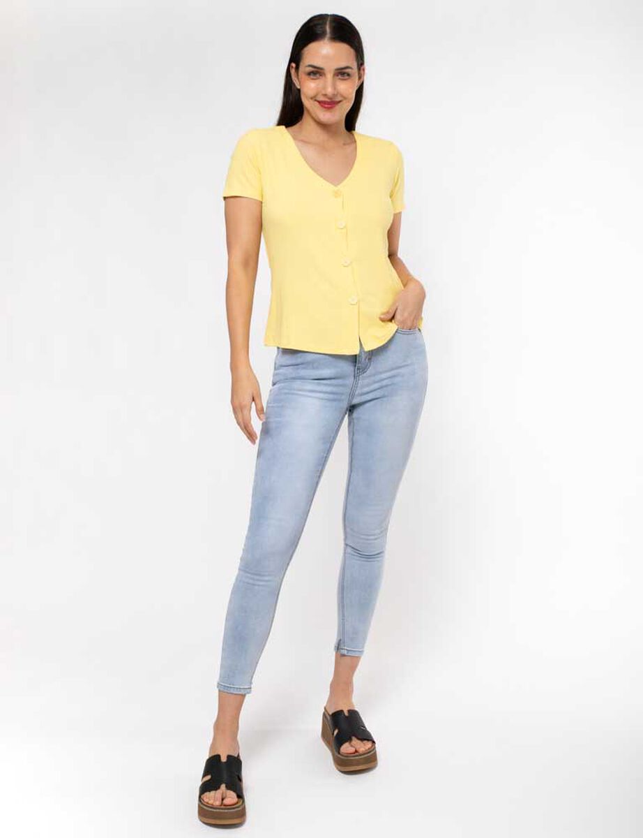 Polera Lisa Manga Corta Cuello V Botones Mujer Zibel