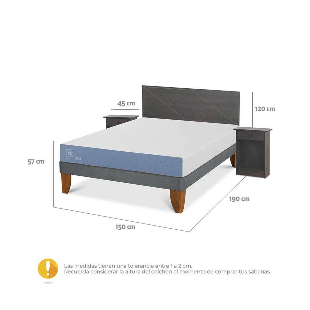 Cama Europea CIC 2 Plazas Excellence + Respaldo + 2 Veladores Villarrica