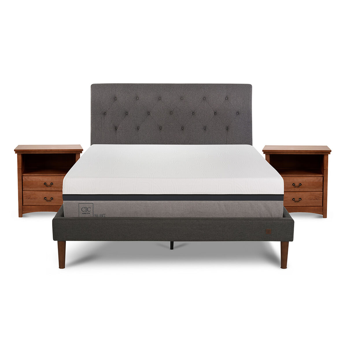 Cama Europea CIC Curve 2 Plazas Balance + Respaldo Kavery + 2 Veladores Indo