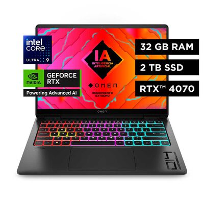 Notebook Gamer HP OMEN Transcend 14-fb0004la Core Ultra 9  32 GB RAM LPDDR5x-7467 MHz (integrada) 2TB 14" GPU NVIDIA® GeForce RTX™ 4070 para laptop (GDDR6 de 8 GB dedicada)