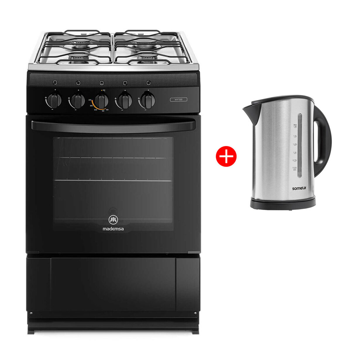 Combo Cocina a Gas Mademsa MV120 4 Quemadores + Hervidor Eléctrico Somela HE1200 1,8 lts.