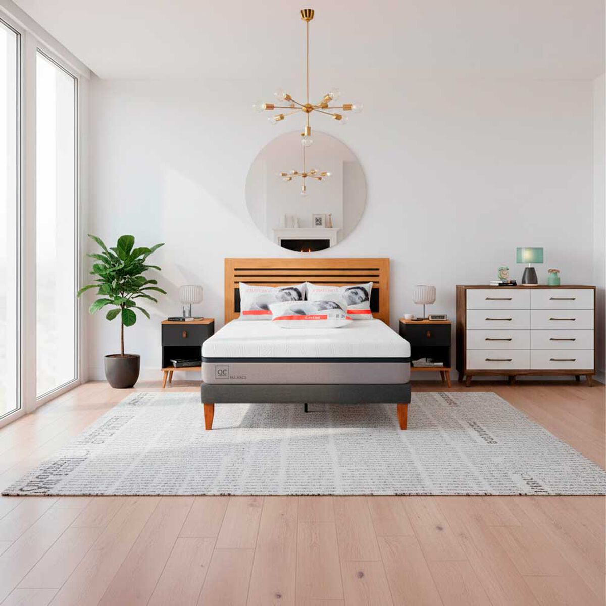 Combo Cama Europea CIC 2 Plazas Balance + Respaldo 2 Plazas + 2 Veladores Casanova Caroline Natural + C&oacute;moda Casanova Charlotte Nogal 8 Cajones + Pack Almohadas Celta Imperial Soft Blanco 65 x 45 cm